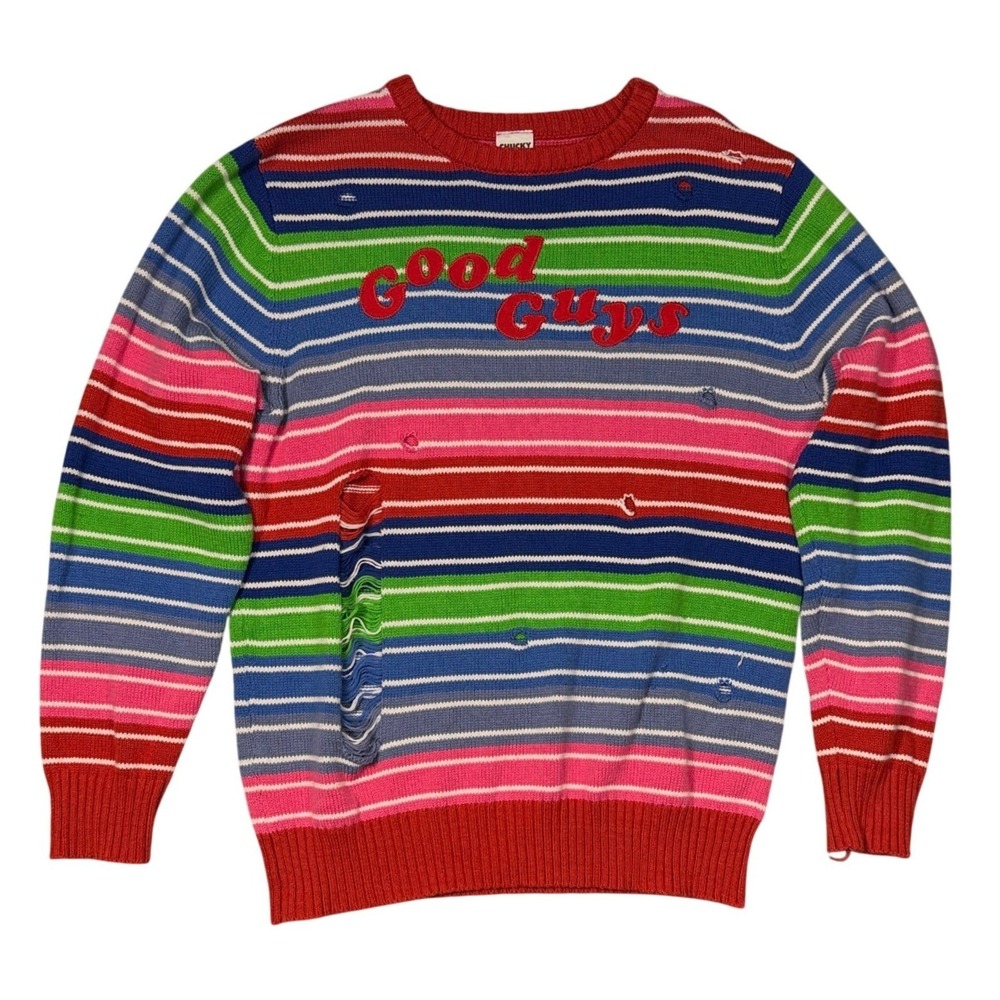 Chucky Good Guys Sweater Mens L Multicolor Striped Distressed Knit Horror Movie